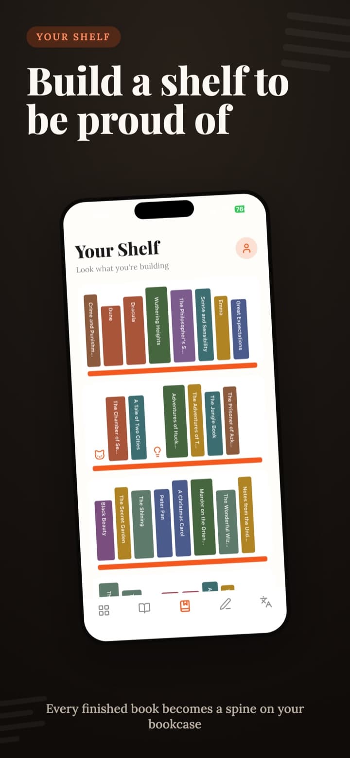 Your Shelf — every finished book becomes a spine on your bookcase
